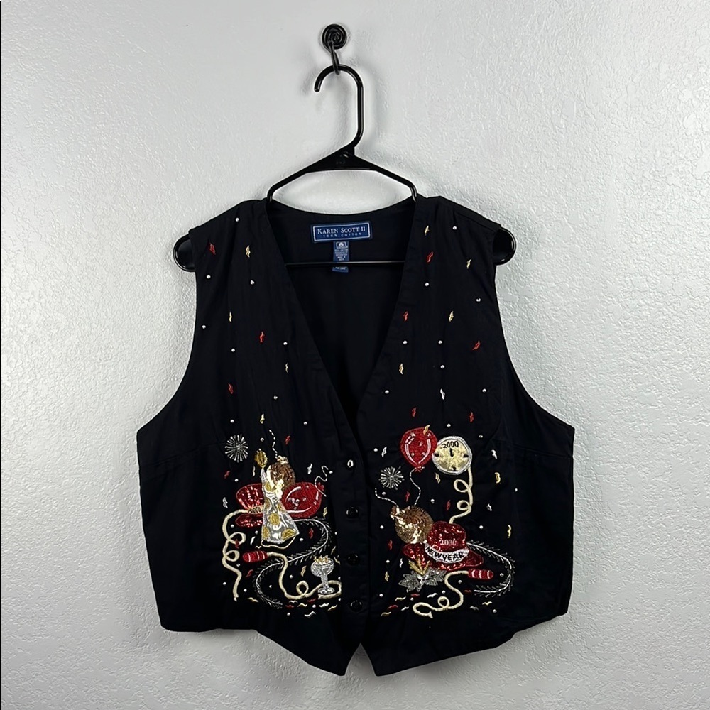Vintage Karen Scott Y2K Black Cotton 2000 New Year Vest Millennial Sz 1X TC0743